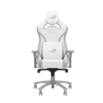 Asus ROG Chariot X Core SL301C Gaming Chair in racing-car style, featuring an adjustable high-density foam headrest, memory-foam lumbar support, 4D armrests, tilt mechanism, durable class 4 gas lift, and durable premium PU leather for a Premium Gaming Experience White