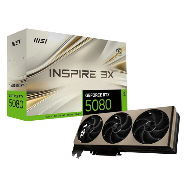 httpsshahenterprise.pkwp-contentuploads202509Untitled-1-14.png MSI Gaming RTX 5080 16G Inspire 3X OC Graphics Card (16GB GDDR7, 256-bit, Extreme Clock TBD MHz, DisplayPort x 3 2.1a, HDMI 2.1b, NVIDIA Blackwell Architecture) - Image 1